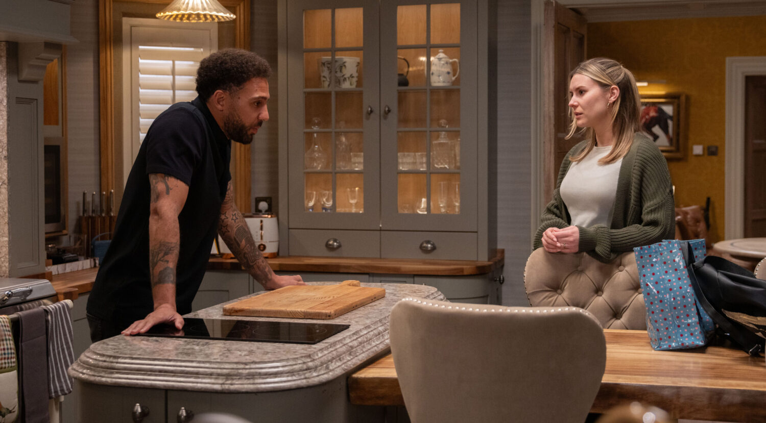 Emmerdale's Billy and Dawn talking at Home Farm