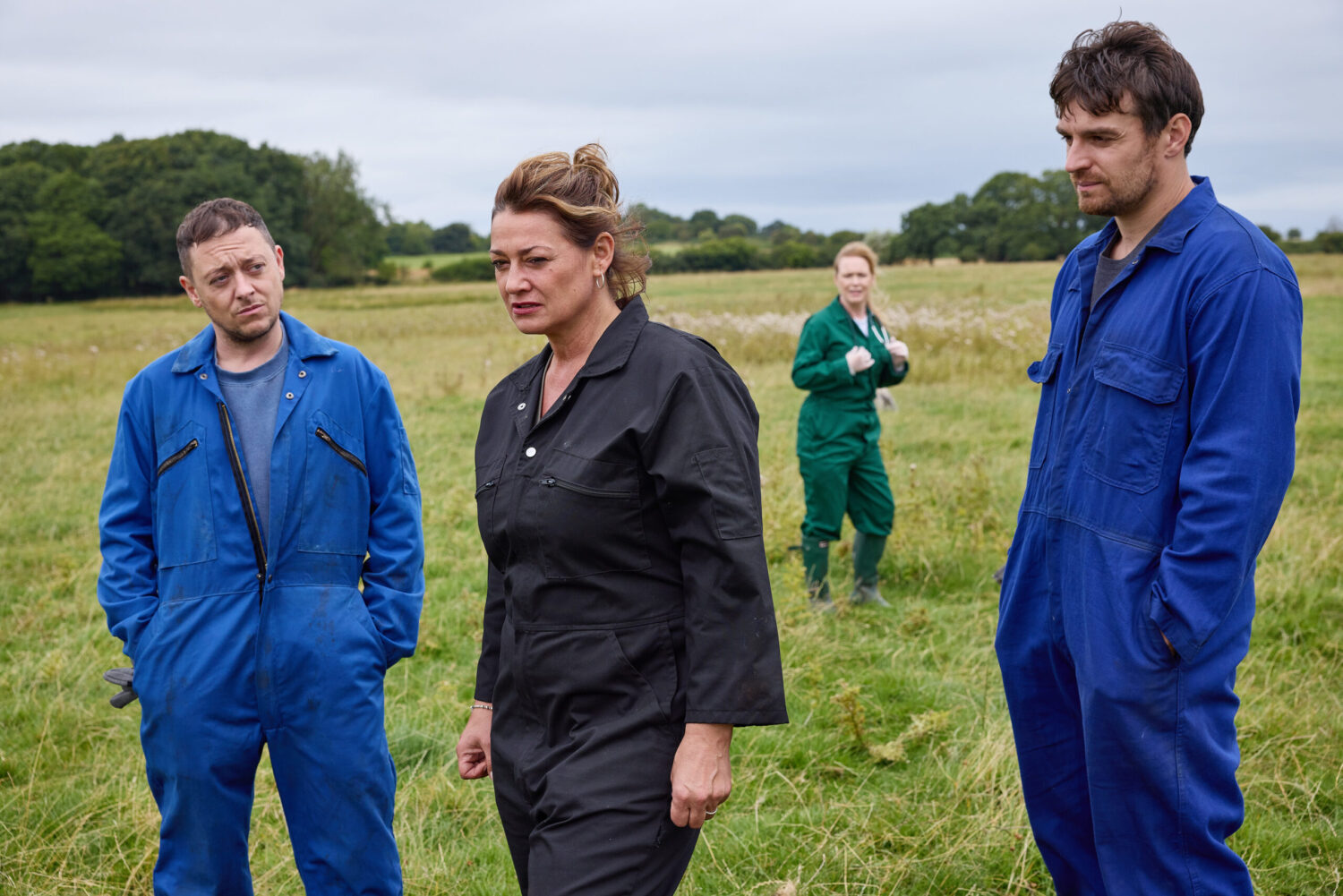 Emmerdale's Vanessa, Matty, Moira and Mack are in a field
