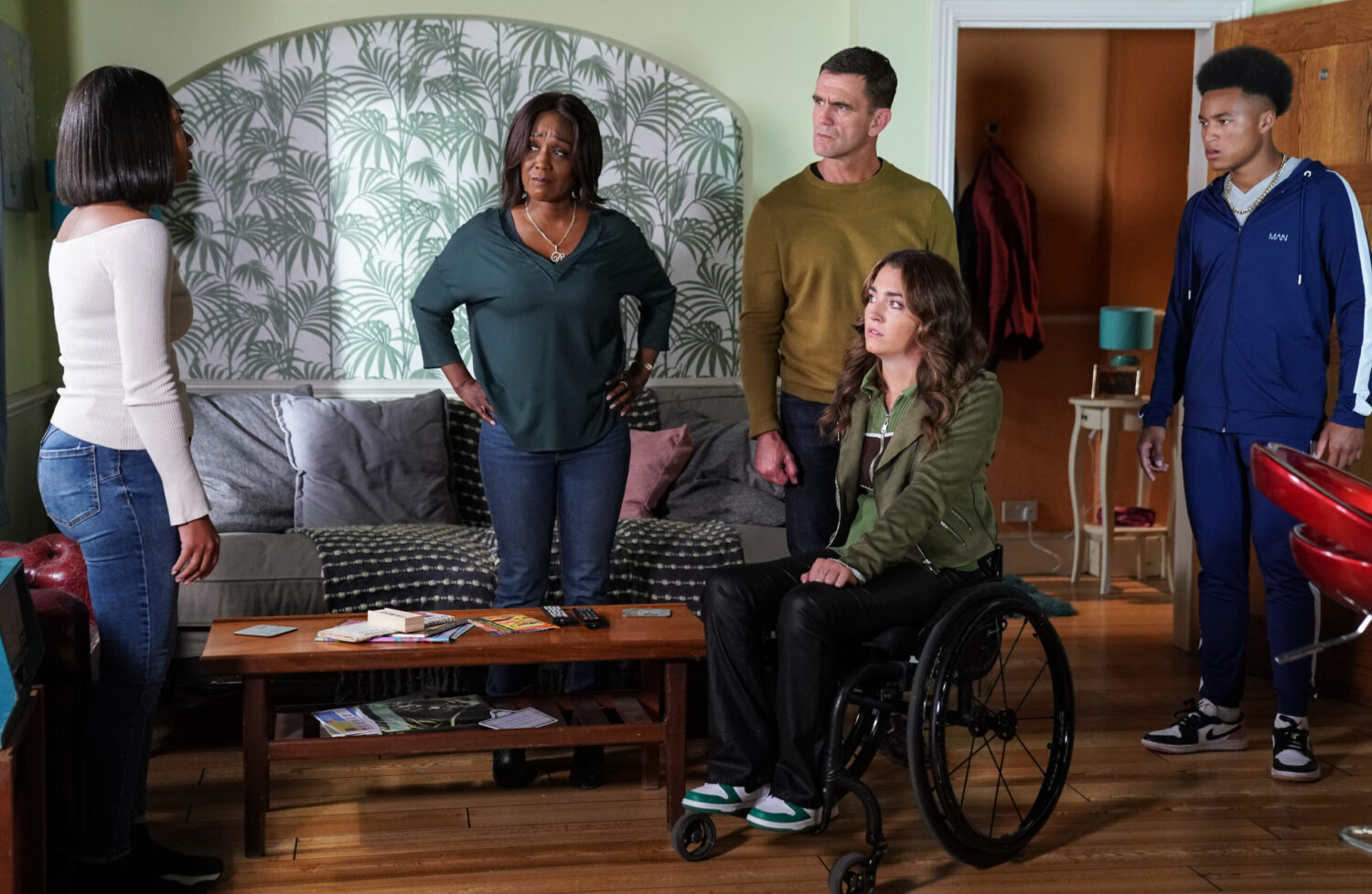 Chelsea, Penny, Denise and Jack look serious in EastEnders