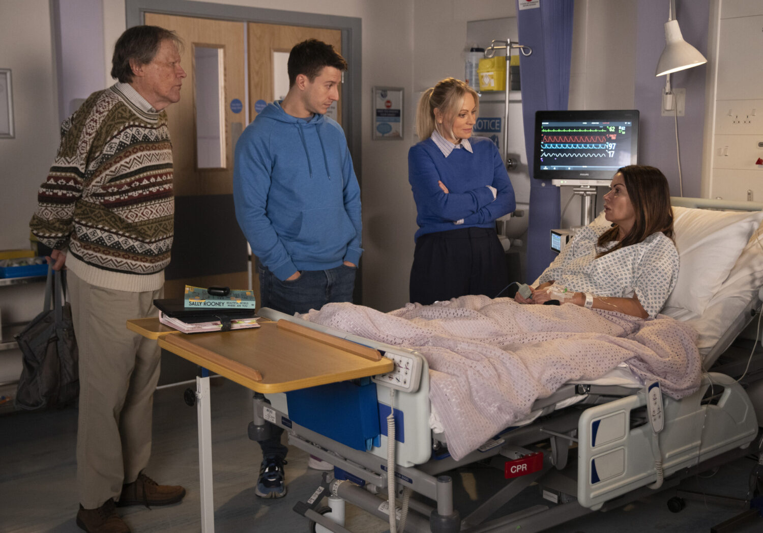 Coronation Street’s Roy, Ryan, Lisa with Carla at hospital