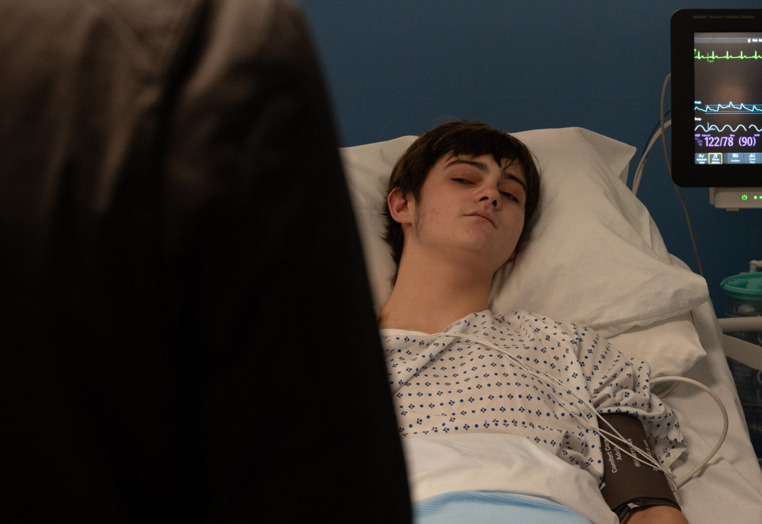Dylan in hospital bed on Emmerdale