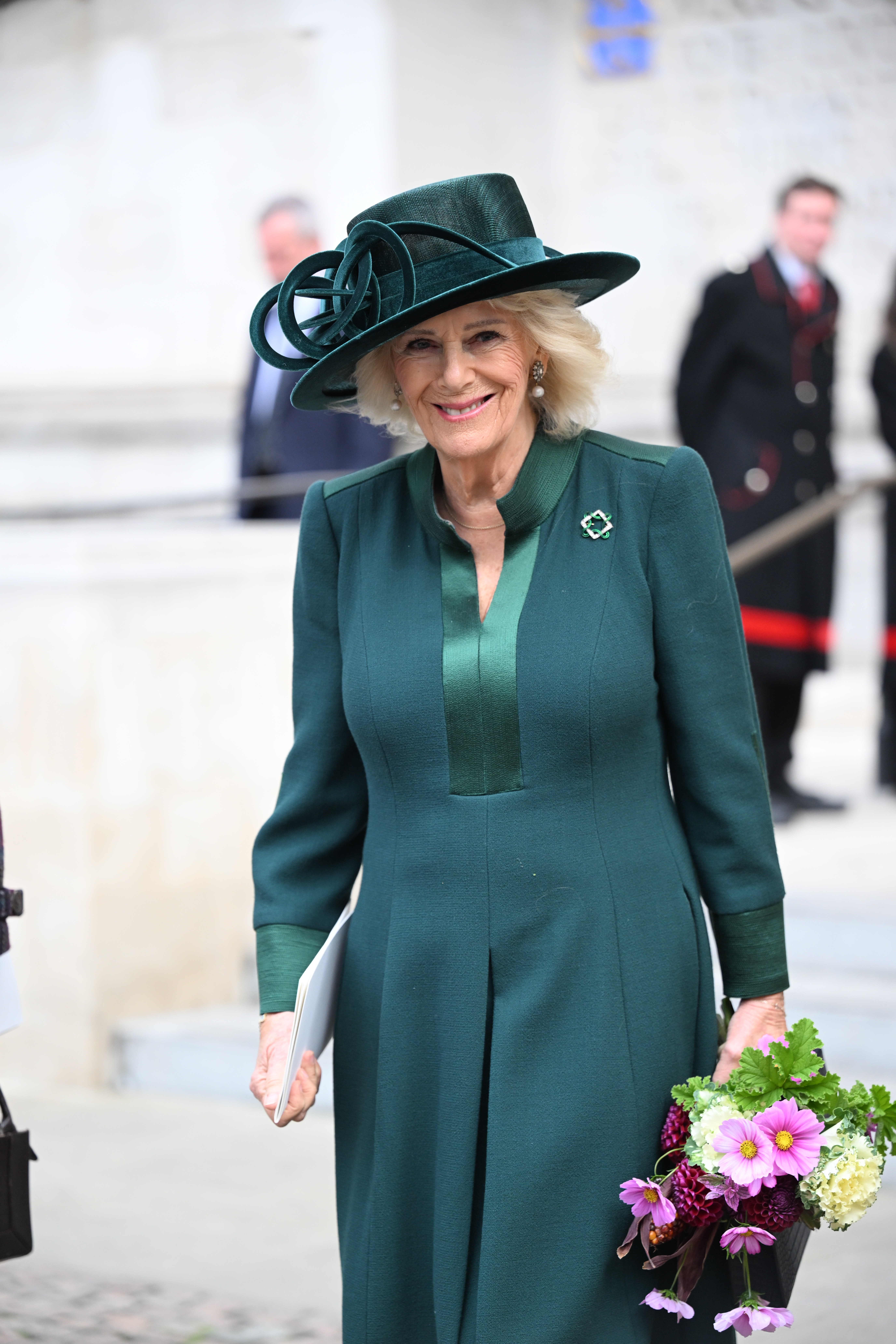 Queen Camilla in a green dress at service today